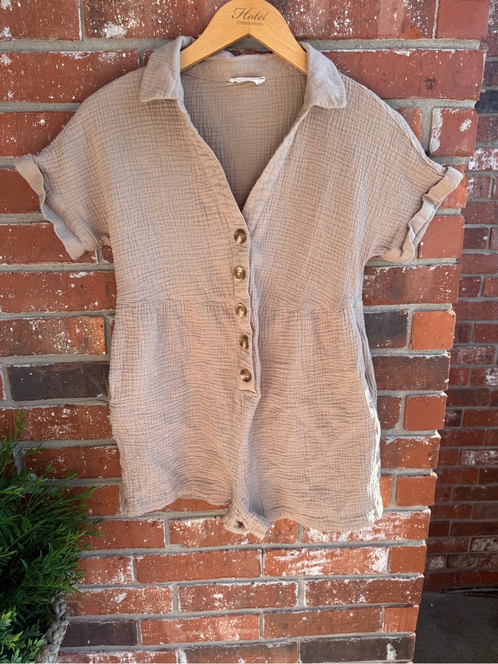 Altar'd State Taupe Gauze Button-Front One Piece Shorts Jumper